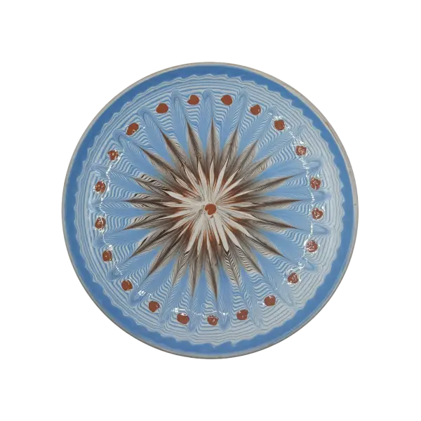 Farfurie Horezu mica decor radial albastru – lucrata manual | Ceramica traditionala romaneasca UNESCO (13–15 cm)
