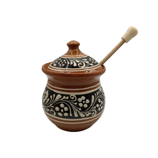 Borcan miere din ceramica cu capac si lingura din lemn