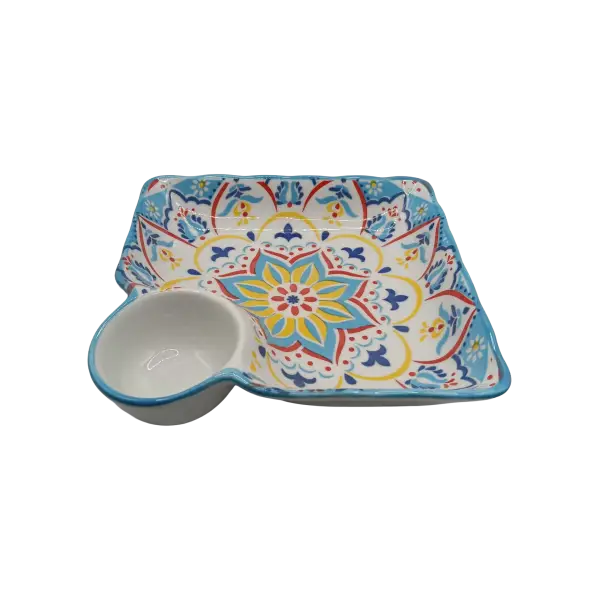 Farfurie ceramica cu compartiment pentru sos | farfurie servire model colorat 17x18 cm