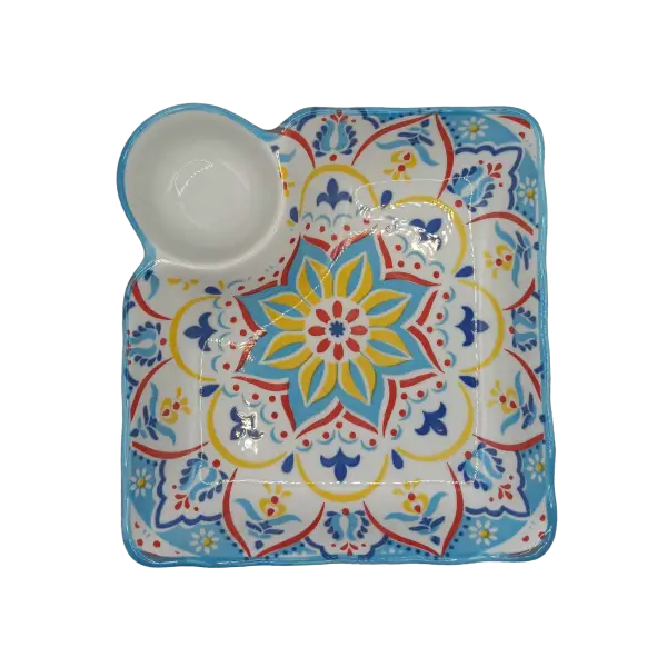 Farfurie ceramica cu compartiment pentru sos | farfurie servire model colorat 17x18 cm