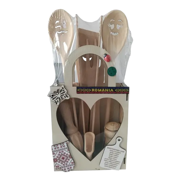 Set ustensile bucatarie din lemn in cutie cadou | Motiv traditional romanesc | Romania