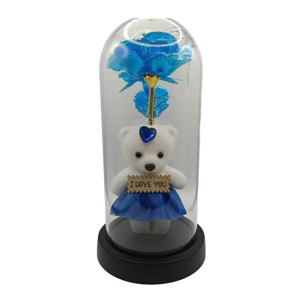 Trandafir decorativ albastru in cupola transparenta cu ursulet | Decor elegant cu LED | 22x11 cm