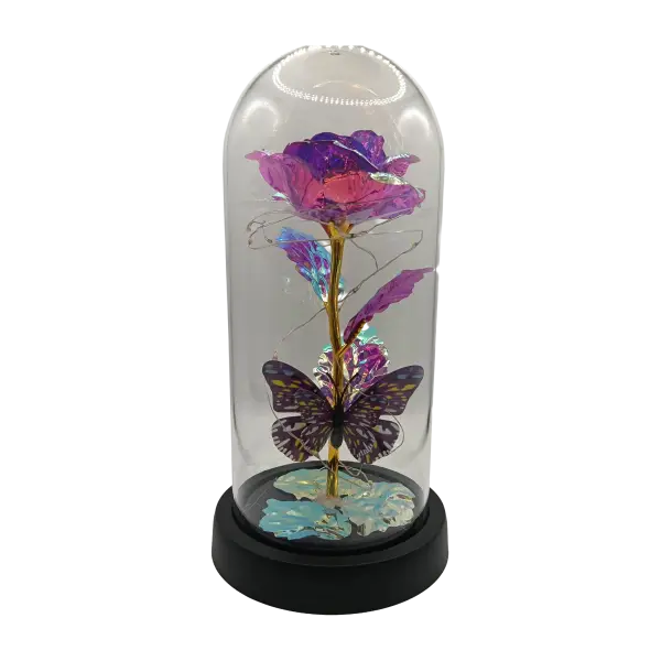 Trandafir decorativ roz in cupola transparenta cu ursulet | Decor elegant cu LED | 22x11 cm