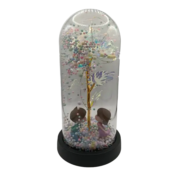 Trandafir Etern Irizat in cupola transparenta cu LED | Decor elegant | 20 cm