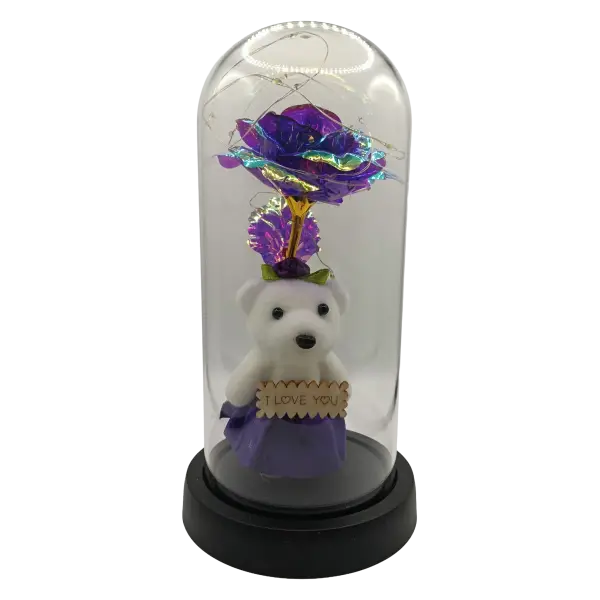 Trandafir decorativ mov in cupola transparenta cu ursulet | Decor elegant cu LED | 22x11 cm
