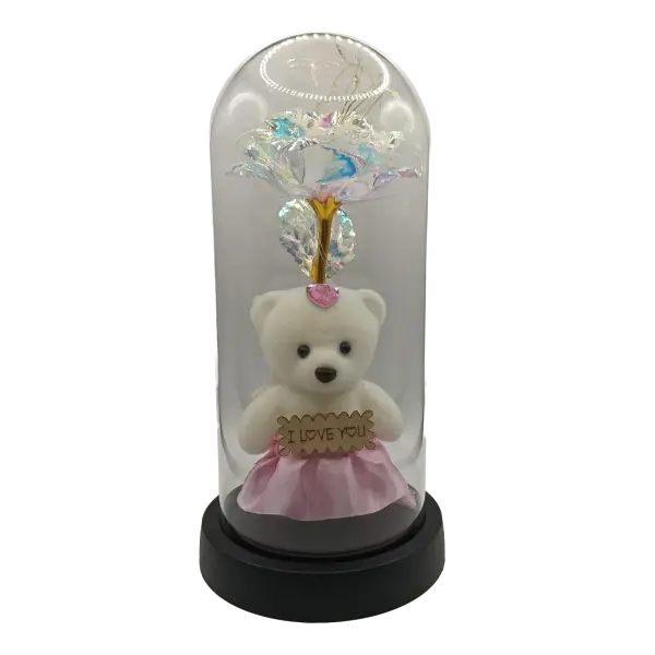 Trandafir decorativ alb irizat in cupola transparenta cu ursulet | Decor elegant cu LED | 22x11 cm
