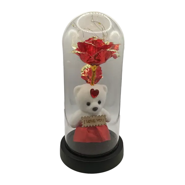 Trandafir decorativ rosu in cupola transparenta cu ursulet | Decor elegant cu LED | 22x11 cm