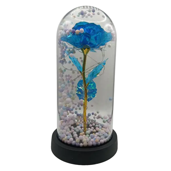 Trandafir decorativ albastru in cupola transparenta cu LED | Decor elegant pentru casa