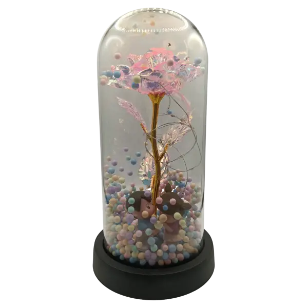 Trandafir Etern Irizat in cupola transparenta cu LED | Decor elegant | 20 cm