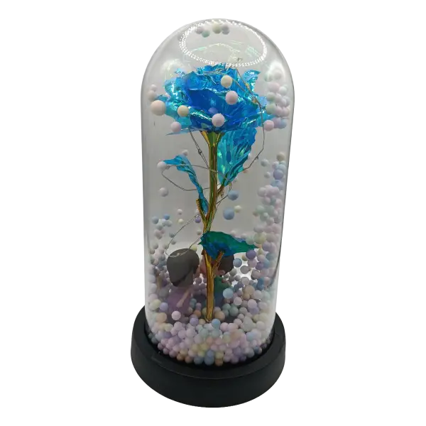 Trandafir Etern Irizat in cupola transparenta cu LED | Decor elegant | 20 cm
