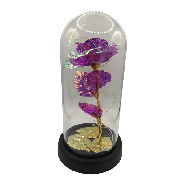 Trandafir Etern Irizat in cupola transparenta cu LED | Decor elegant | 20 cm