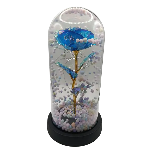 Trandafir Etern Irizat in cupola transparenta cu LED | Decor elegant | 22 x 11 cm