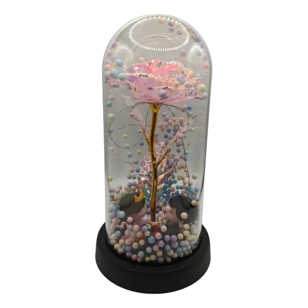 Trandafir Etern Irizat in cupola transparenta cu LED | Decor elegant | 20 cm