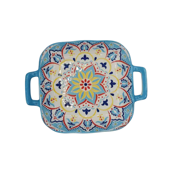 Platou din ceramica cu manere lucrat manual | model traditional floral multicolor