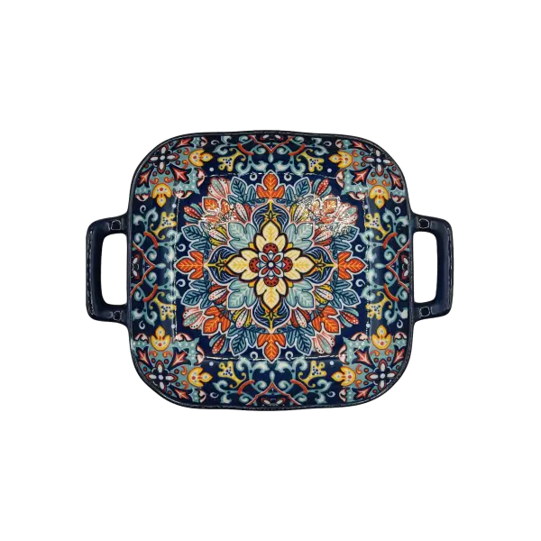 Platou din ceramica cu manere lucrat manual | model traditional floral multicolor