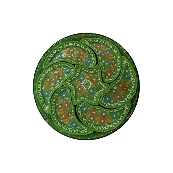 Platou pentru servire cu farfurii din ceramica lucrate manual | model traditional verde floral